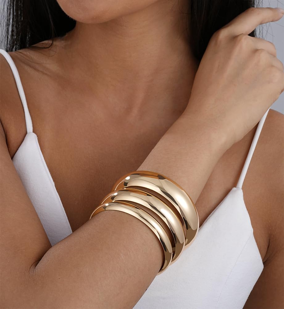 Chunky Gold Bangle Bracelets for Women, Dainty 14k Gold Plated Big Stackable Bangles Set, Trendy Cuff Bracelet Stack Fashion Jewelry Gifts - Image 6