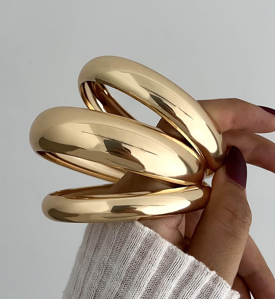 Chunky Gold Bangle Bracelets for Women, Dainty 14k Gold Plated Big Stackable Bangles Set, Trendy Cuff Bracelet Stack Fashion Jewelry Gifts - Image 7