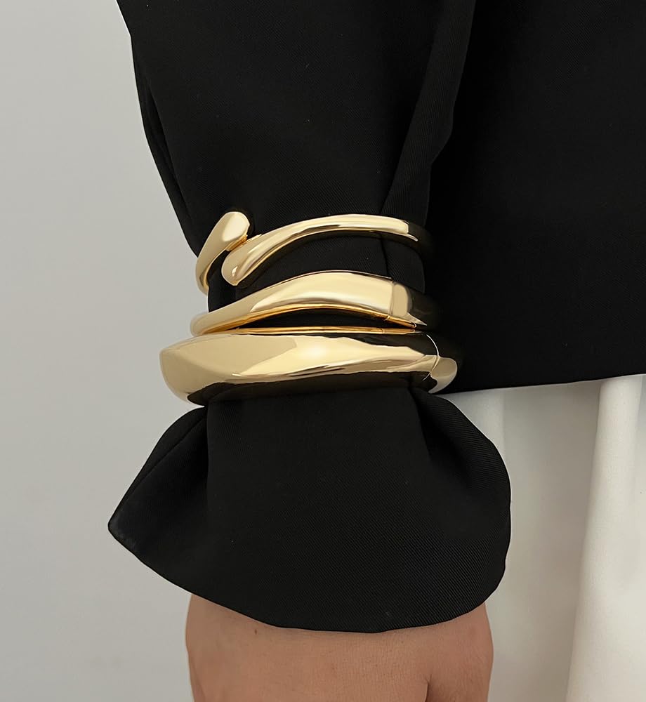 Chunky Gold Bangle Bracelets for Women, Dainty 14k Gold Plated Big Stackable Bangles Set, Trendy Statement Cuff Bracelet Stack Summer Beach Jewelry Gifts - Image 6