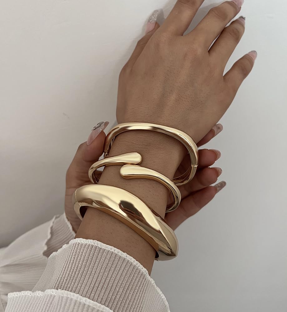 Chunky Gold Bangle Bracelets for Women, Dainty 14k Gold Plated Big Stackable Bangles Set, Trendy Statement Cuff Bracelet Stack Summer Beach Jewelry Gifts - Image 7