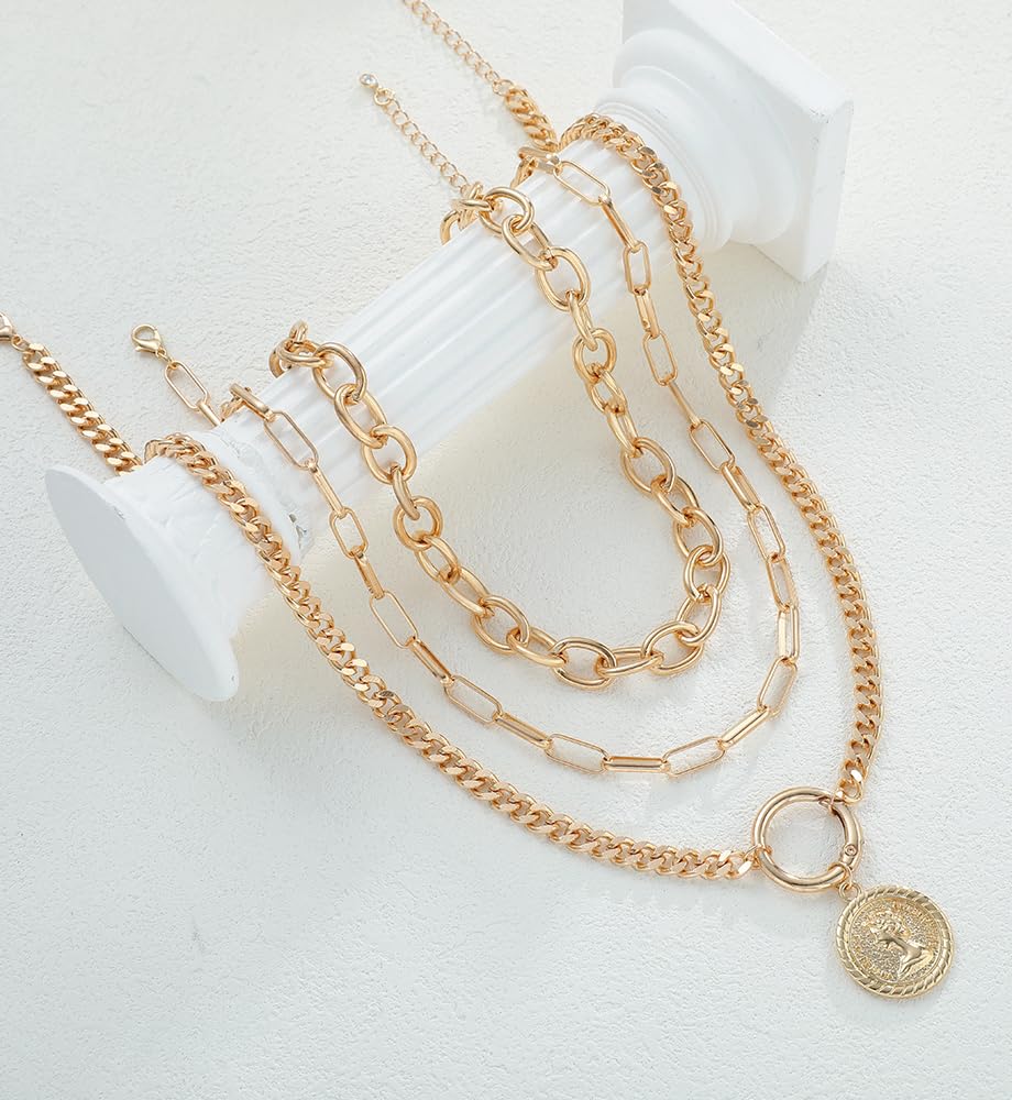 iF YOU Vintage Gold Layered Necklaces for Women Trendy, Chunky Cuban Link Paperclip Chains Necklace Stack, Coin Pendant Necklace Set Jewelry Gifts - Image 8